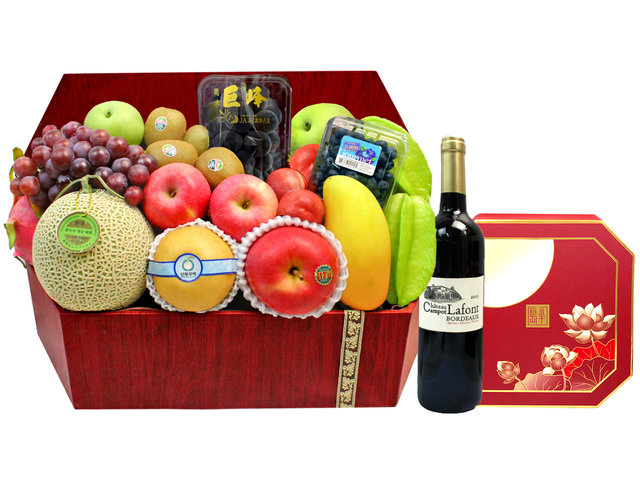 Mid-Autumn Gift Hamper - Mid Autumn Peninsula Moon Cake With Deluxe Fine Wine Fruit Hamper FH100 - L1294174 Photo